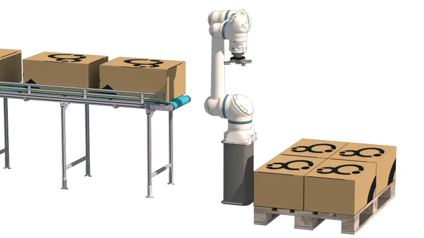 3D Visualisierung eines Roboters der Yaskawa beim Palettieren von Kartins mit dem Iparides-Logo drauf, auf transparenten Hintergrund.